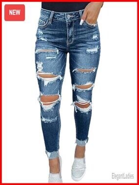 Women's Mid Rise Ripped Boyfriend Jeans Loose Fit Distressed Stretchy Denim